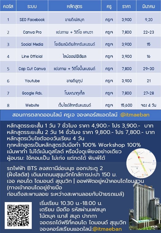 ตารางสอนคอร์ส SEO และ Digital Marketing: สร้างยอดขายด้วยเครื่องมือออนไลน์ครบจบในที่เดียว